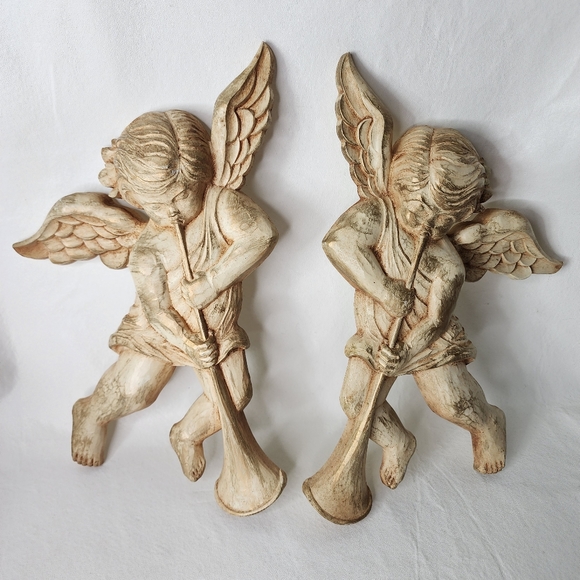 Vintage Syroco Cherub Angels Plastic Wall Decor 13" Hanging Plaques Set - Picture 2 of 15